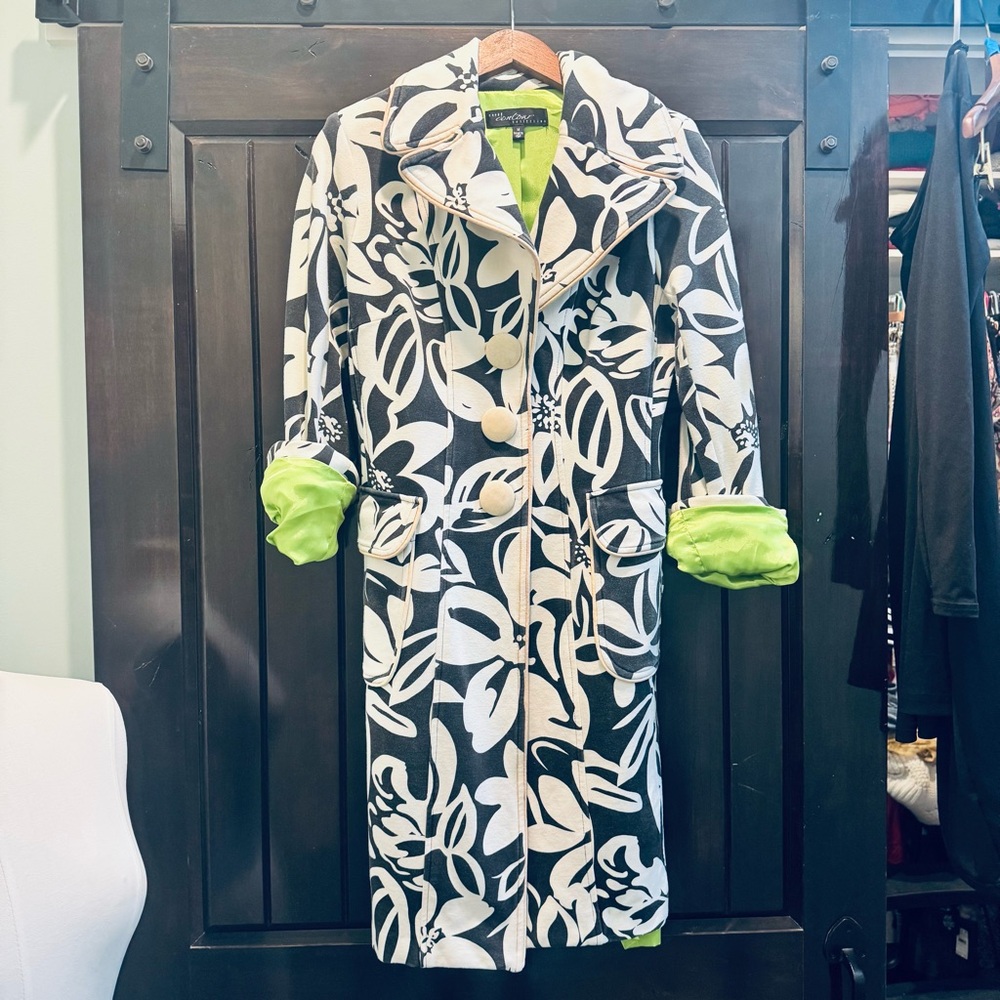 Y2K Cache contour classic trench coat black and white with lime green liner - Picture 12 of 13